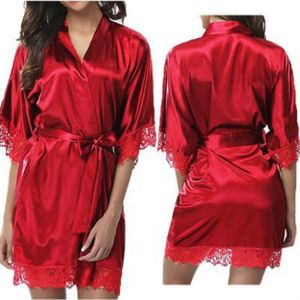 Half Sleeve Robe Women Faux Silk Pajama Sexy Night Dress  Size:L(Red)