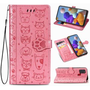 For Samsung Galaxy A21s Lovely Cat and Dog Embossing Pattern Horizontal Flip Leather Case  with Holder & Card Slots & Wallet & Cartoon Clasp & Lanyard(Pink)