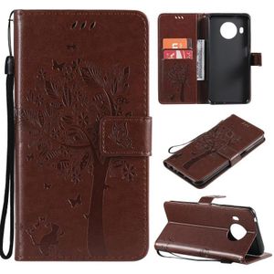 For Nokia X10 Tree & Cat Pattern Pressed Printing Horizontal Flip PU Leather Case with Holder & Card Slots & Wallet & Lanyard(Coffee)