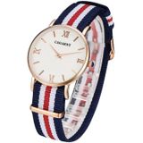 CAGARNY 6813 Fashionable Ultra Thin Rose Gold Case Quartz Wrist Watch with 5 Stripes Nylon Band for Women(Red)