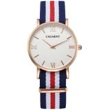 CAGARNY 6813 Fashionable Ultra Thin Rose Gold Case Quartz Wrist Watch with 5 Stripes Nylon Band for Women(Red)