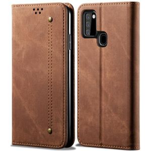 For Samsung Galaxy A21s Denim Texture Casual Style Horizontal Flip Leather Case with Holder & Card Slots & Wallet(Brown)