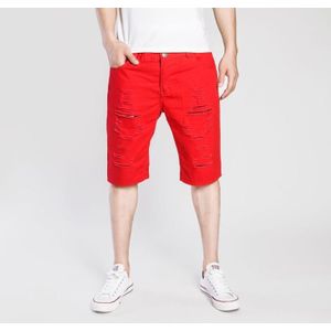 Summer Casual Ripped Denim Shorts for Men (Color:Red Size:M)