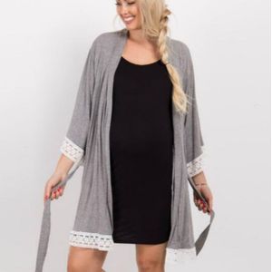 Solid Color Maternity Dress Lace Stitching Three-point Sleeves with Cardigan Breastfeeding Robes Pajamas  Size:S(Dark Gray)