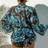 Driedelige bikiniset met bladprint  taille  vetersluiting  strandzwempak met lange mouwen  maat: L