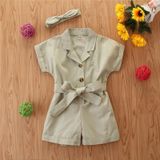 Girls Short-sleeved Single-breasted Jumpsuit (Color:Lake Green Size:110)
