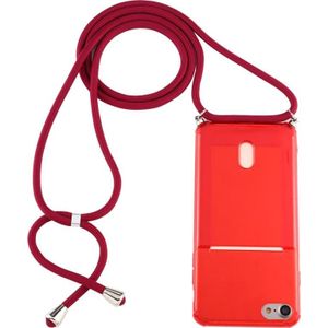 For iPhone 8 / 7 Transparent TPU Protective Case with Lanyard & Card Slot(Red)