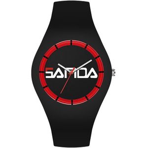 Sanda 6076 Eenvoudige schaal Ronde wijzerplaat Dames Siliconen Strap Quartz horloge (zwart rood horizontaal merk)
