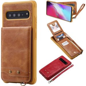 For Galaxy S10 5G Vertical Flip Shockproof Leather Protective Case with Short Rope  Support Card Slots & Bracket & Photo Holder & Wallet Function(Brown)