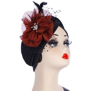 Spring and Autumn Flowers Dots Mesh Turban Hat Wrap Hat(Black + Red Wine)