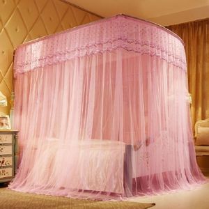 U-shaped Three-door Stainless Steel Tube Floor Mosquito Net  Size:Bold 25mm 1.8x2.2m(Pink)