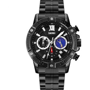 SKMEI 9235 Men Moonphase Stopwatch Stainless Steel Strap Quartz Watch(Black)