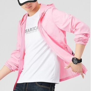 Summer Nylon Waterproof and Breathable Fabric Anti-ultraviolet Hooded Sun Protection Shirt for Men (Color:Pink Size:XXL)