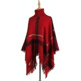 Women Mid-Length Turtleneck Sweater Fringed Cloak Shawl  Size: Free Size(Red)