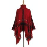 Women Mid-Length Turtleneck Sweater Fringed Cloak Shawl  Size: Free Size(Red)