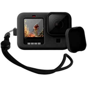 For GoPro HERO9 Black Silicone Protective Case Cover with Wrist Strap & Lens Cover(Black)