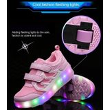 WS01 LED-licht Ultra Licht Mesh oppervlak oplaadbare dubbel wiel rolschaatsen schoenen sportschoenen  grootte : 33 (roze)