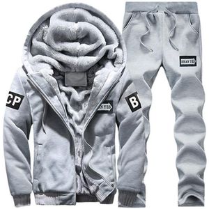 2 in 1 Winter Letter Pattern Plus Velvet Thick Hooded Jacket + Trousers Casual Sports Set for Men (Color:Grey Size:M)