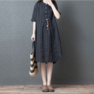 Summer Ramie Striped Loose Shirt Dress for Ladies (Color:Black Size:M)