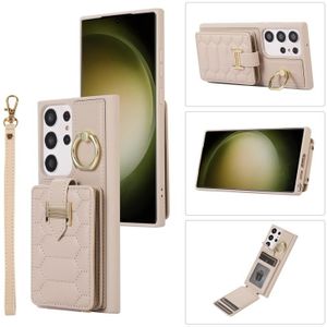 Voor Samsung Galaxy S23 Ultra 5G Verticale Kaart Tas Ring Houder Telefoon Case met Dual Lanyard(Beige)