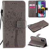 For Samsung Galaxy A51 5G Tree & Cat Embossed Pattern Horizontal Flip Leather Case with Holder & Card Slots & Wallet & Lanyard(Grey)