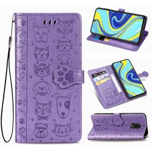 For Xiaomi Redmi Note 9S/Note 9 Pro/Note 9 Pro Cute Cat and Dog Embossed Horizontal Flip Leather Case with Bracket / Card Slot / Wallet / Lanyard(Purple)