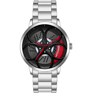 Sanda 1070 3D Ovaal Hol Wiel niet-draaibaar Dial Quartz Horloge voor Mannen  Stijl: Stalen riem (zilver rood)