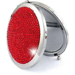 Diamond-encrusted Metal Double Side Folding Mini Portable Round Small Makeup Mirror(Red )