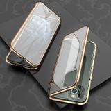 For iPhone 11 Pro Ultra Slim Double Sides Magnetic Adsorption Angular Frame Tempered Glass Magnet Flip Case(Gold)