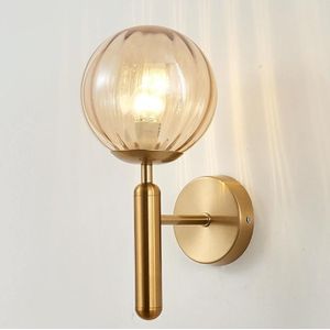6102 Round Glass LED Wall Light Hotel Bedroom Bedside Living Room  Power source: Without Light Bulb( Copper Color Striped Amber Lampshade)