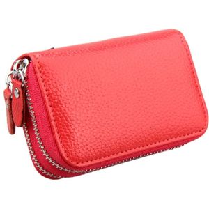 Genuine Cowhide Leather Dual Layer Solid Color Zipper Card Holder Wallet Coin Purse Card Bag Protect Case with Card Slots & Coin Position  Size: 10.5*7.0*4.0cm(Red)