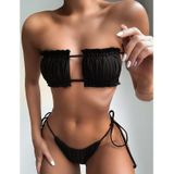 2 in 1 Double-layer Nylon Pleated Tube Top Bikini Ladies Split Swimsuit Set (Color:Black Size:S)