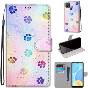 For OPPO A15 / A15s Coloured Drawing Cross Texture Horizontal Flip PU Leather Case with Holder & Card Slots & Wallet & Lanyard(Footprint Water Drops)