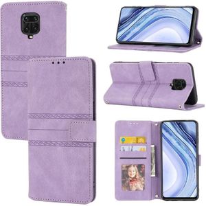 For Xiaomi Redmi Note 9 Pro Max Embossed Striped Magnetic Buckle PU + TPU Horizontal Flip Leather Case with Holder & Card Slot & Wallet & Photo Frame & Sling(Purple)