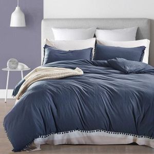 Princess Bedding Sets With Washed Ball Decorative Microfiber Fabric Cover Pillowcase  Size:King?Two Pillowcase and One Quilt?(Navy Blue)