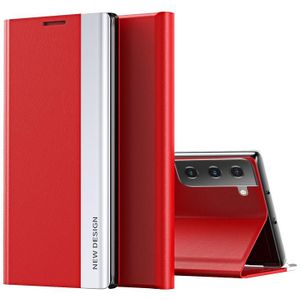 For Samsung Galaxy S21 FE Side Electroplated Magnetic Ultra-Thin Horizontal Flip Leather Case with Holder(Red)