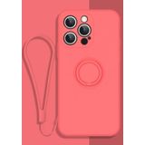 All-inclusive Liquid Silicone Phone Protective Case with Ring Holder & Lanyard For iPhone 13 Pro(Camellia Red)