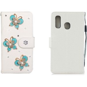 For Galaxy A40 Horizontal Flip Solid Color Rhinestones Leather Case with Card Slot & Wallet & Holder(Three Butterflies)