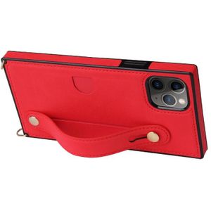 For iPhone 11 Pro Max Wrist Strap PU+TPU Shockproof Protective Case with Crossbody Lanyard & Holder & Card Slot(Red)