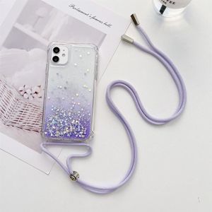 Gradiënt glitter poeder epoxy tpu verdikt acryl shockproof case met ronde hals lanyard voor iphone 13 pro