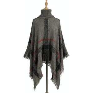 Women Mid-Length Turtleneck Sweater Fringed Cloak Shawl  Size: Free Size(Gray)