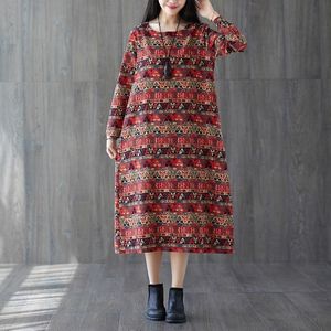 Loose Slim Printed Mid-length Cotton And Linen Dress (Color:Red Size:L)