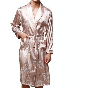 Men's Long Paragraph Silk Pajamas (Color:Camel Size:XXL)