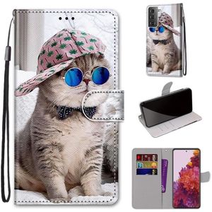 For Samsung Galaxy S21 Coloured Drawing Cross Texture Horizontal Flip PU Leather Case with Holder & Card Slots & Wallet & Lanyard(Oblique Hat Blue Mirror Cat)