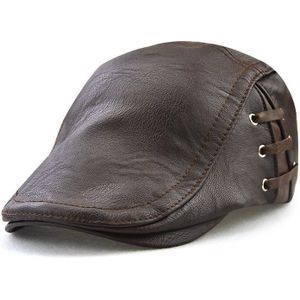 12968 Perforated Strap Design Outdoor All-Match PU Leather Peaked Cap Berets  Size:One Size(Dark Coffee)