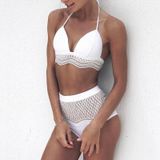 2 PCS Ladies Sexy Ruffled Lace Halter Bikini Split Push Up Swimsuit  Size:S(White Low Waist)