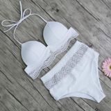 2 PCS Ladies Sexy Ruffled Lace Halter Bikini Split Push Up Swimsuit  Size:S(White Low Waist)