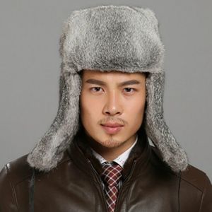 Grijze herfst en winter dikke warme konijn bont bomber hoed flight hoed voor mannen  Hat Size:XXL