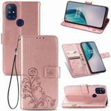 For One Plus Nord N10 5G Four-leaf Clasp Embossed Buckle Mobile Phone Protection Leather Case with Lanyard & Card Slot & Wallet & Bracket Function(Rose Gold)