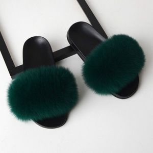 Fox Fur Slippers Flip-flops Non-slip Flat Fur Shoes Sandals for Women  Shoe Size:36-37(23cm)(Dark Green)